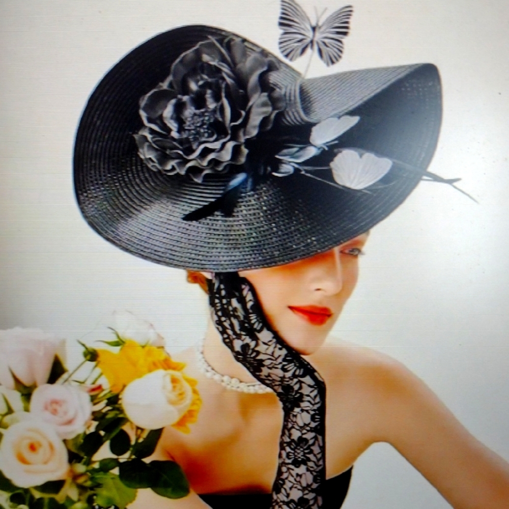 Wide Brim w/Faux Flowers & Butterflies Car & Horse Races Blk NWT 15.75 In Large